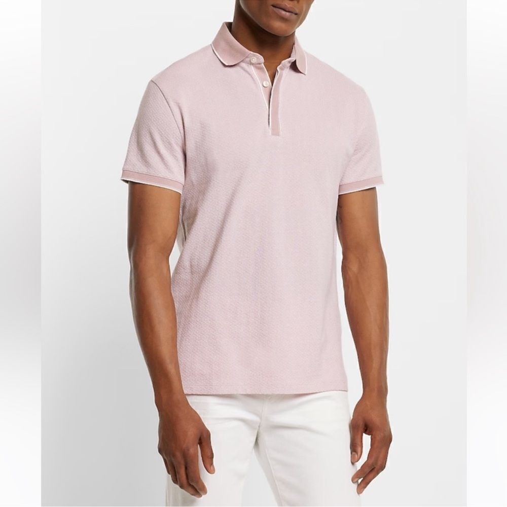 Express XL Pink Wht Diamond Print Topped Collar Jacquard Short Sleeve Polo